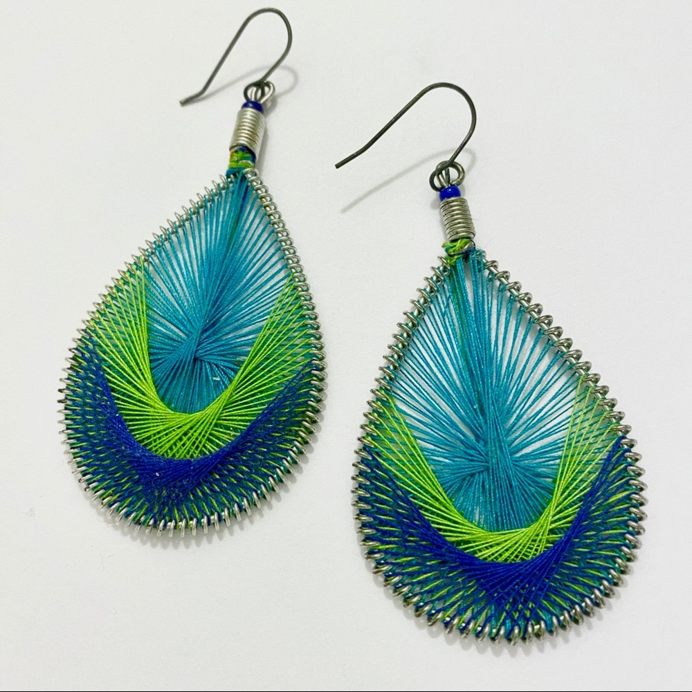Blue Green Thread Woven Dangle Earrings
